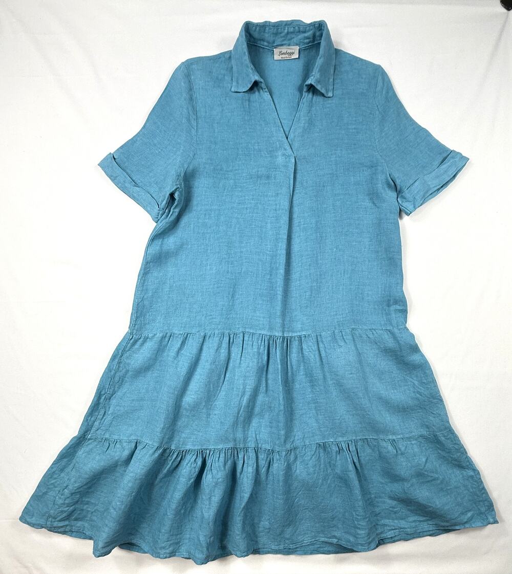 Lombaggi short-sleeve tiered linen shirt dress teal-blue color Sz S Italy